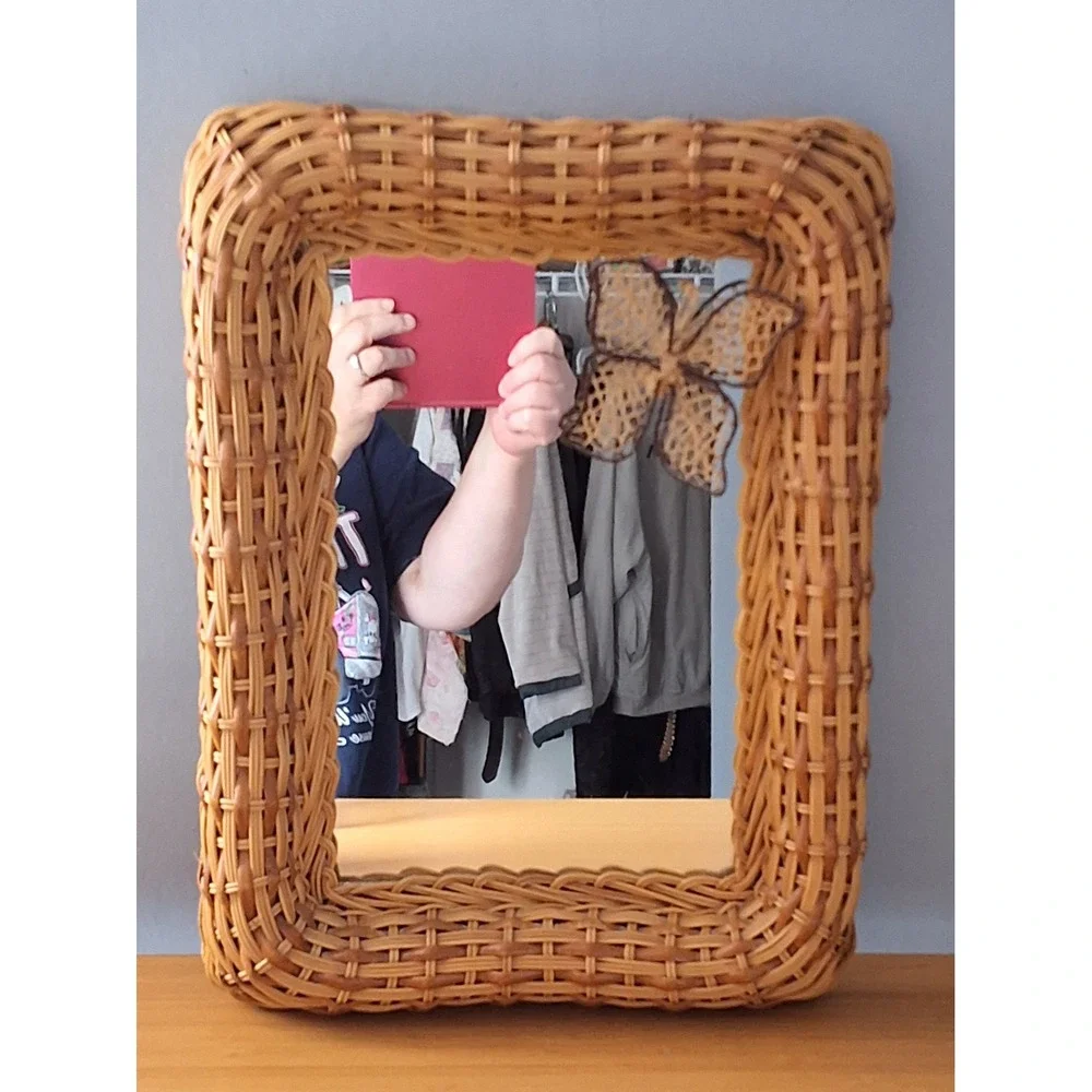 Vintage Wicker Wall Mirror Rectangular Boho Butterfly Accent Honey Rattan 12x16